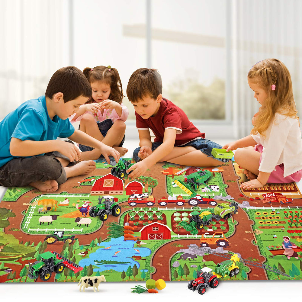 Moncasso play mat shows a detailed farm map for guided pretend farming.