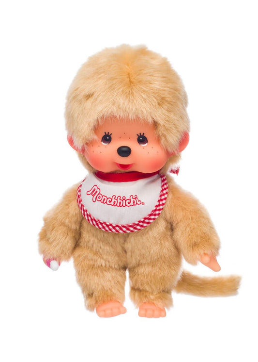 Monchhichi beige boy with red-white bib for display and play