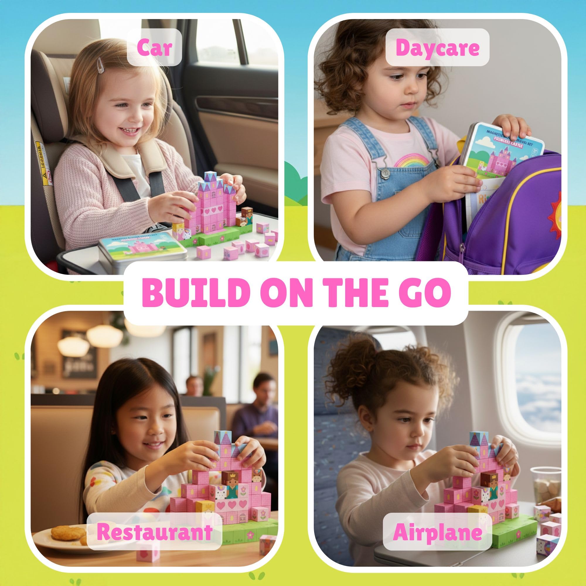 MonkeyTots ClickLock magnet cube close-up—stable building during travel.