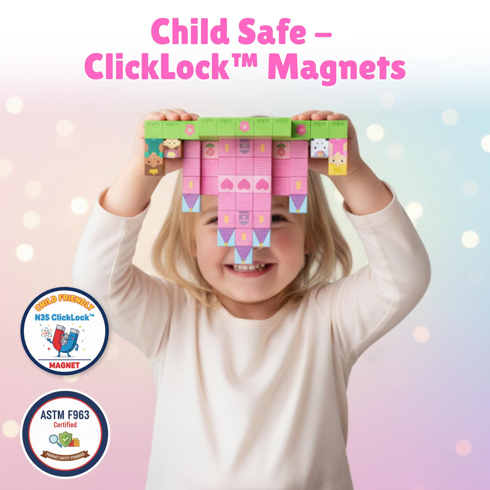 MonkeyTots princess castle blocks—pink unicorns fueling imaginative storytelling.