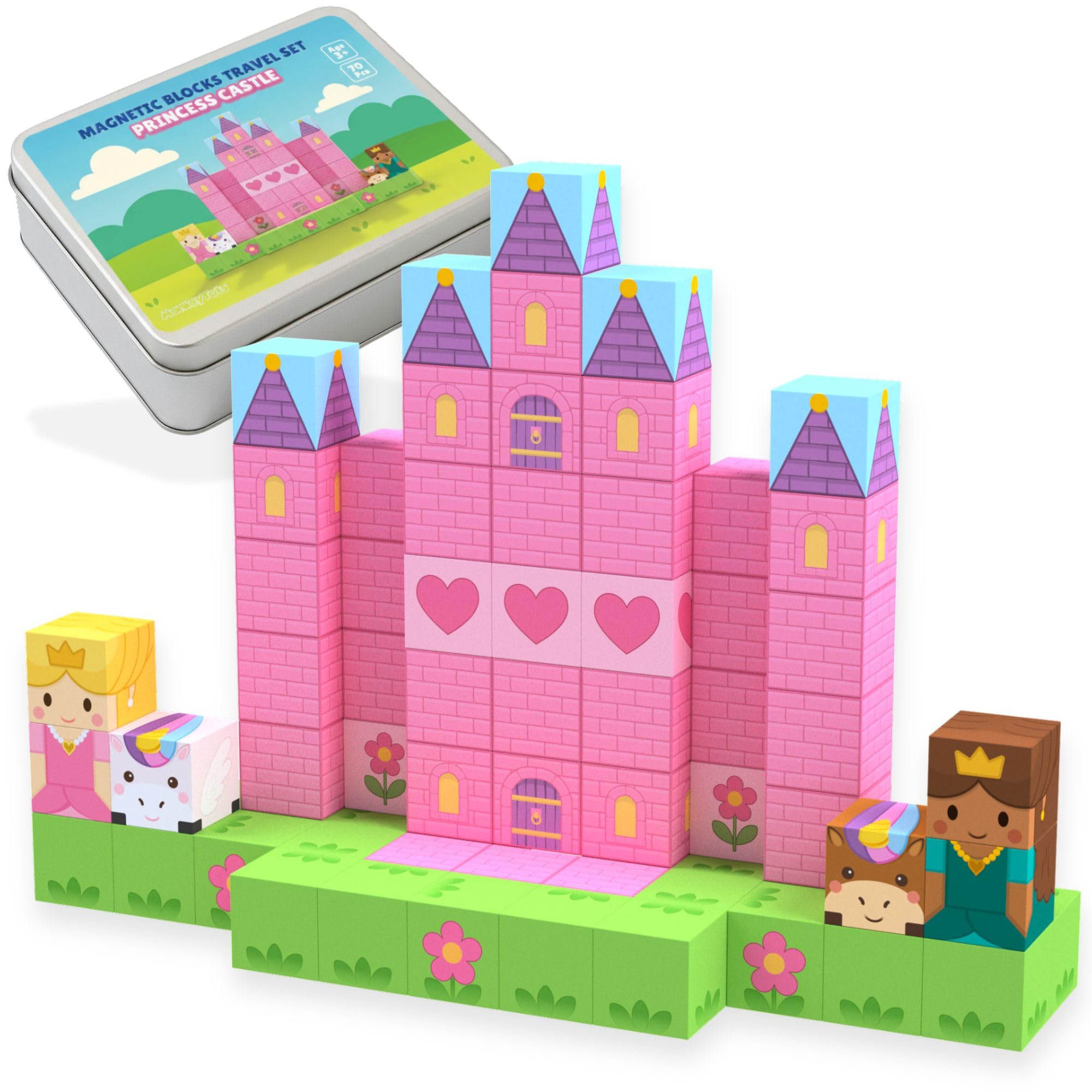 MonkeyTots Princess Castle Travel Set front tin—calm, screen-free travel entertainment.