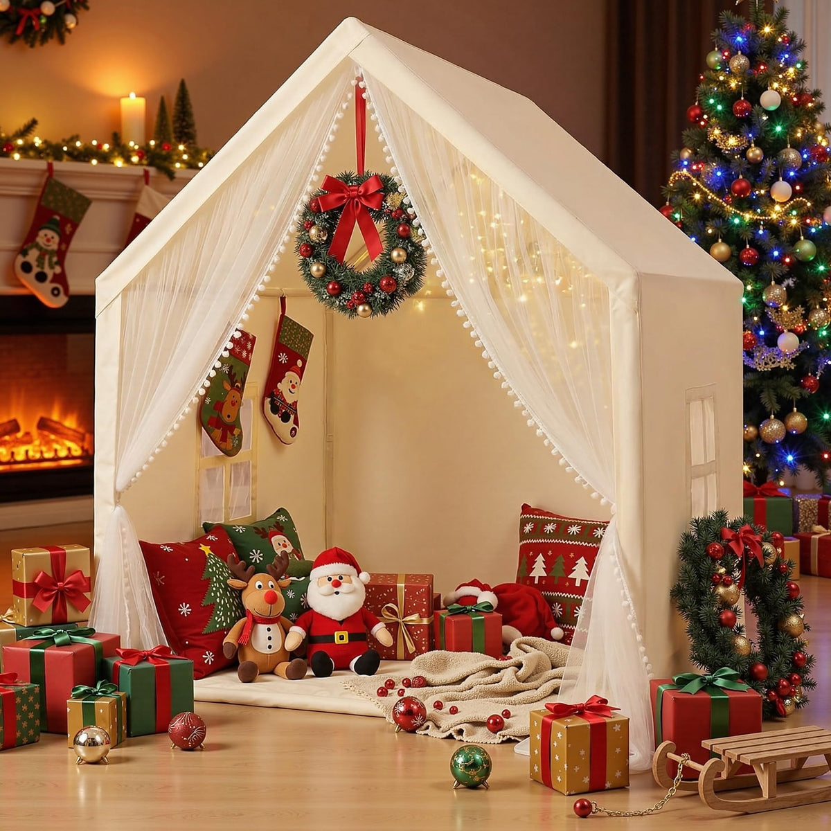Monobeach Kids Tent beige exterior view highlighting a roomy indoor outdoor play space.