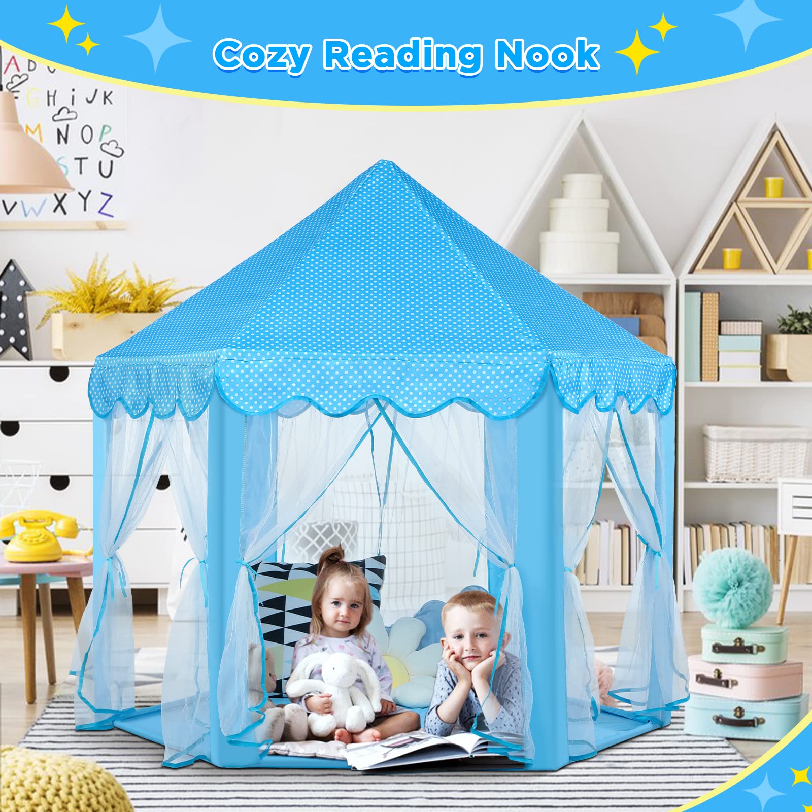 Dimmed star lights inside Monobeach Princess Castle Play Tent for cozy evenings.