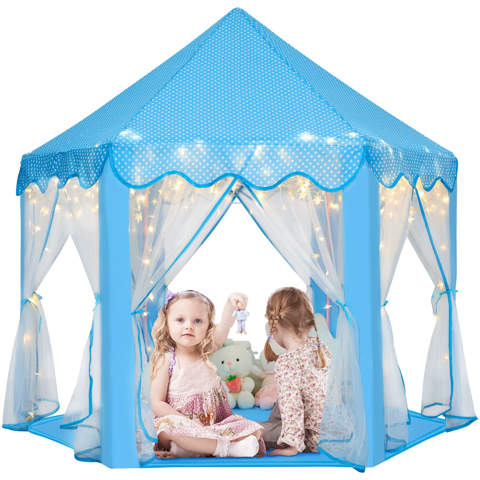Monobeach Princess Castle Play Tent front view with star lights, inviting fantasy play indoors.
