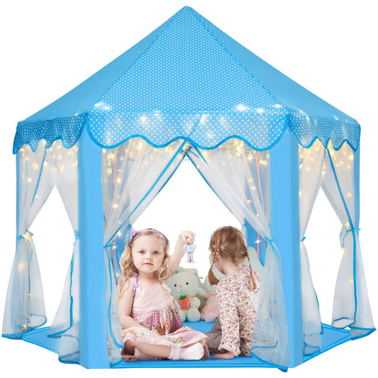 Monobeach Princess Castle Play Tent front view with star lights, inviting fantasy play indoors.