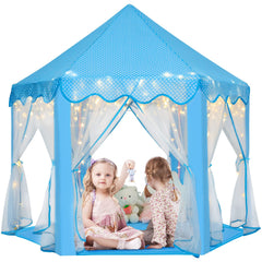 Monobeach Princess Castle Play Tent front view with star lights, inviting fantasy play indoors.