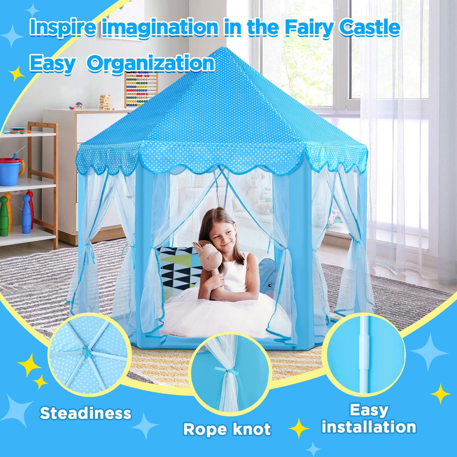 Sturdy poles and connectors of Monobeach Princess Castle Play Tent ready for setup.