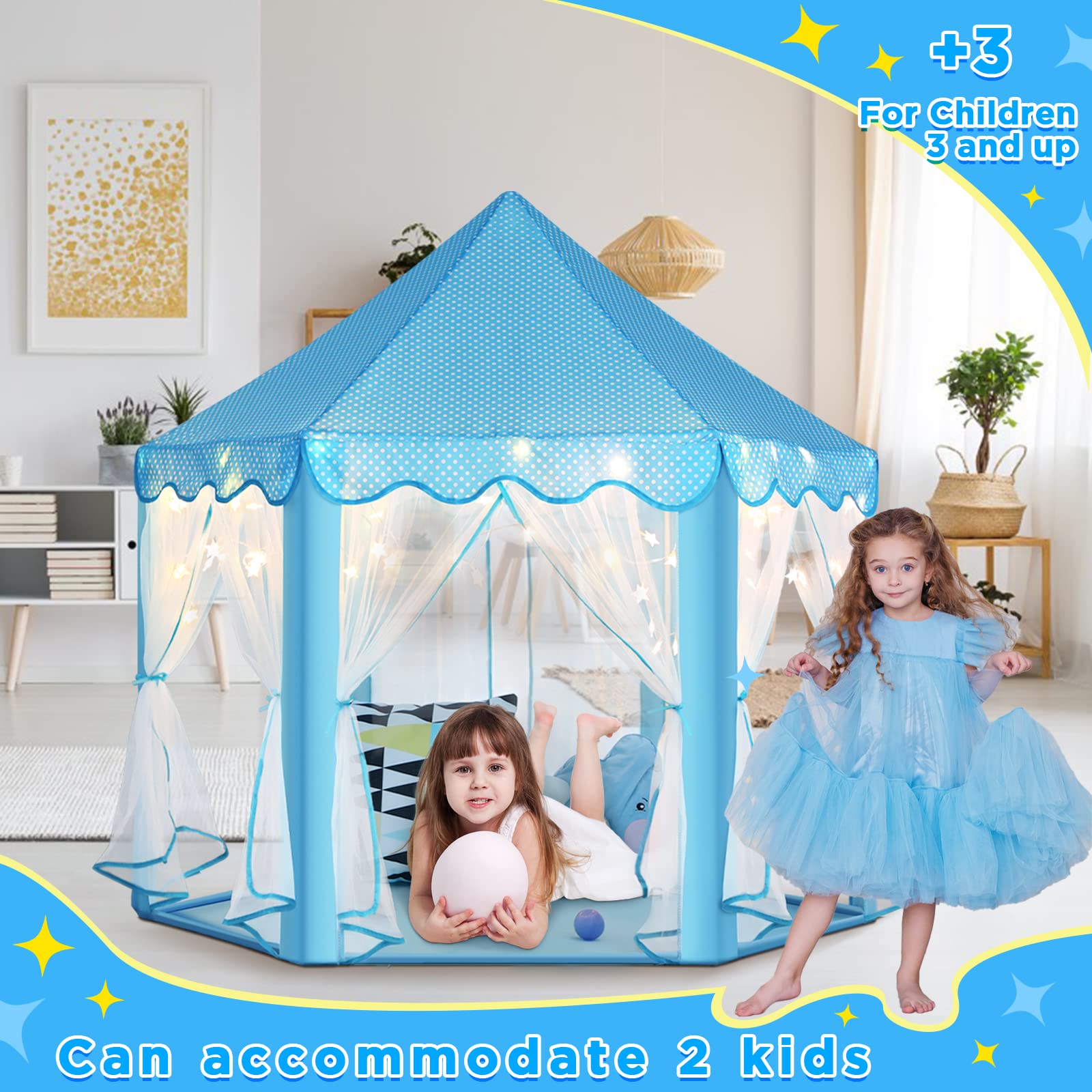 Close-up of Monobeach Princess Castle Play Tent star lights adding magical ambiance.