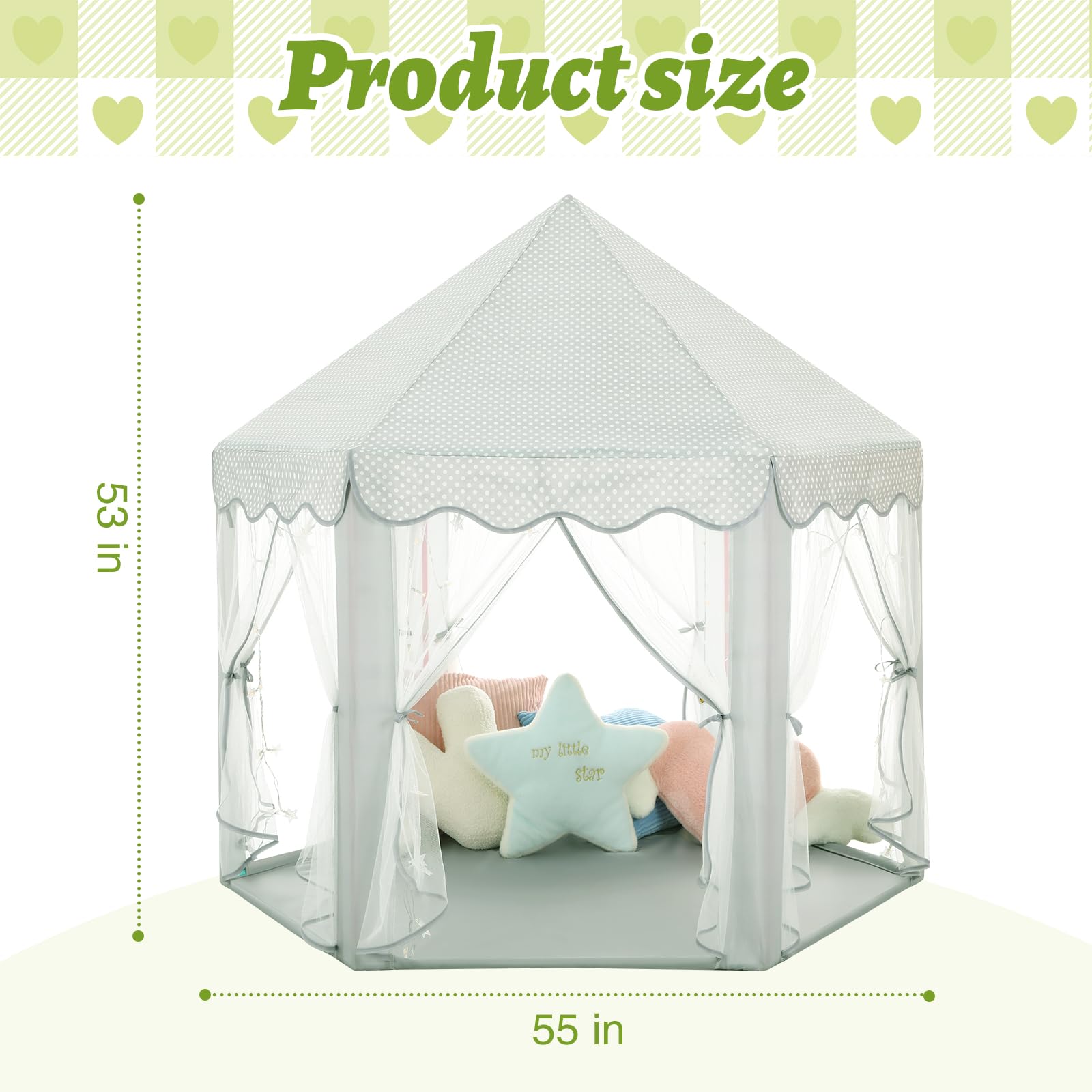 Monobeach Princess Tent packaging includes poles and star lights for setup.