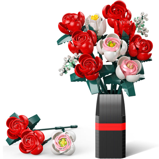 MONOFUN flower bouquet building set showing realistic red and white rose blocks for creative crafting