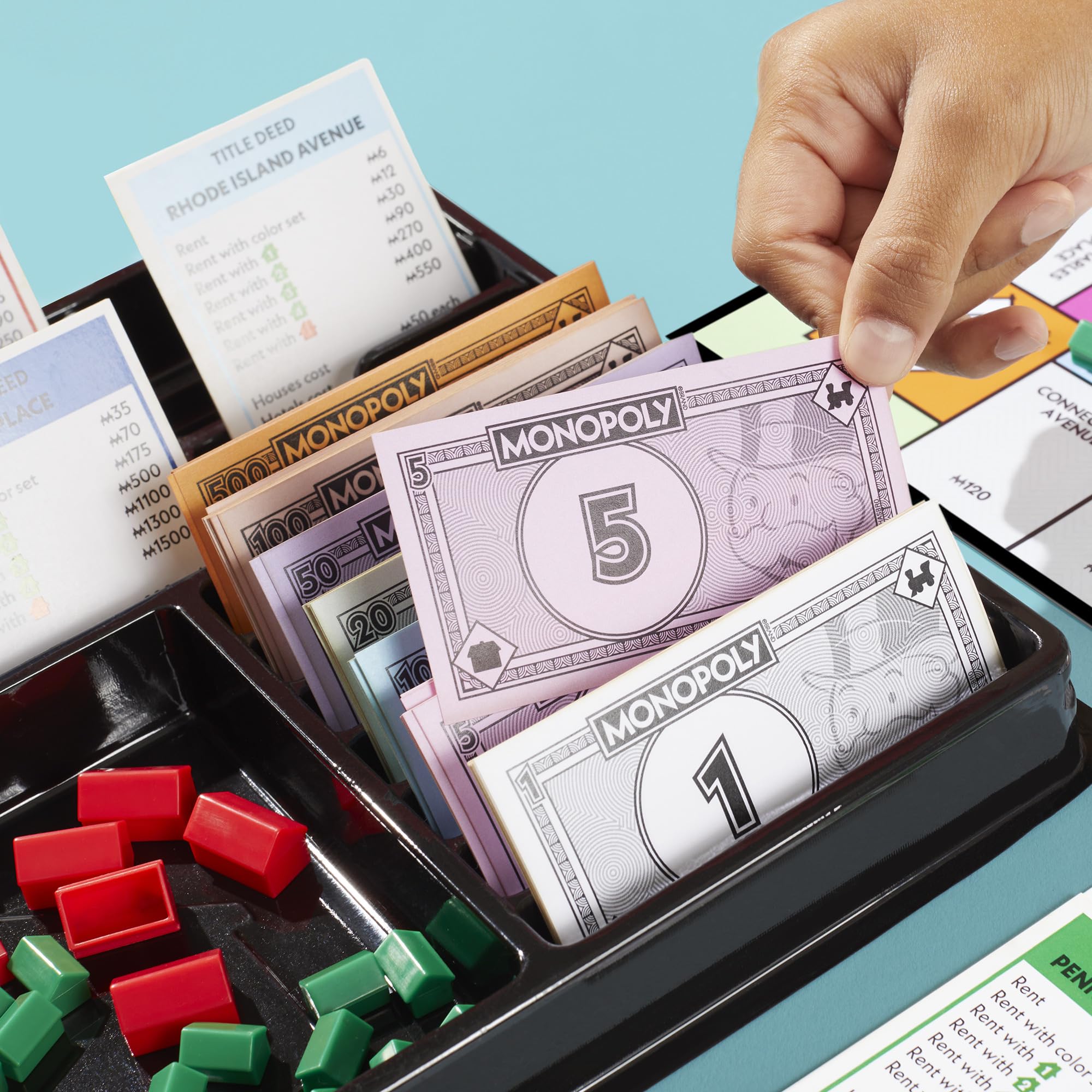 Banker’s tray holding bills and cards neatly, Monopoly tray keeps money organized