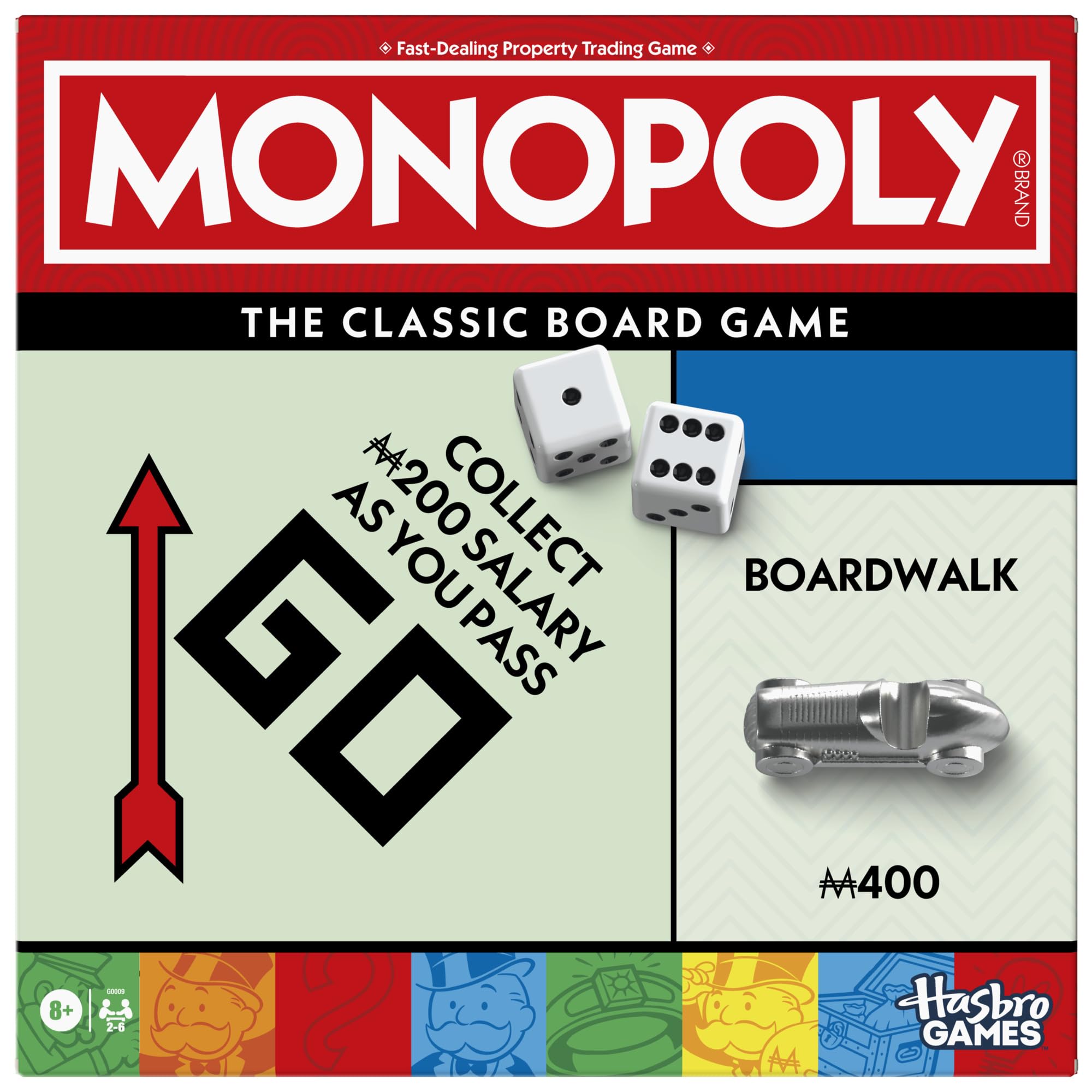 Monopoly box front showing updated design and organized components by Monopoly