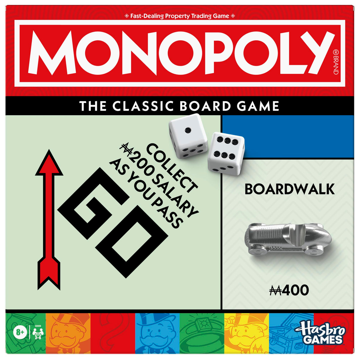 Monopoly box front showing updated design and organized components by Monopoly