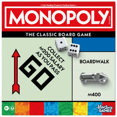 Monopoly box front showing updated design and organized components by Monopoly