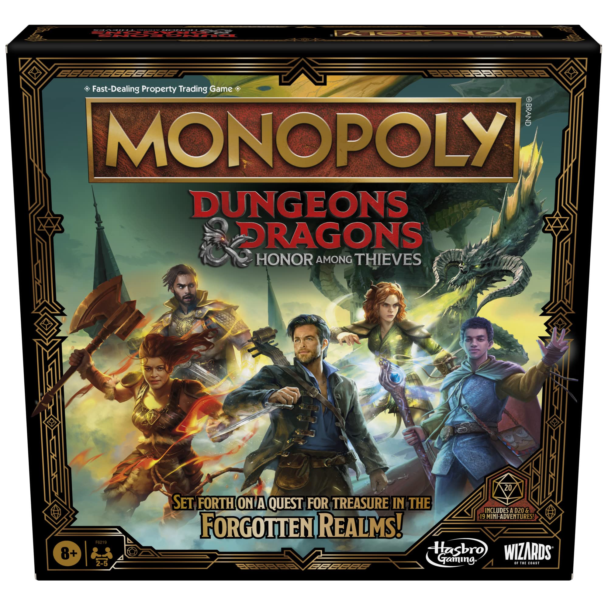 Monopoly D&D Honor Among Thieves gameboard showing film-inspired locations for strategic adventure.