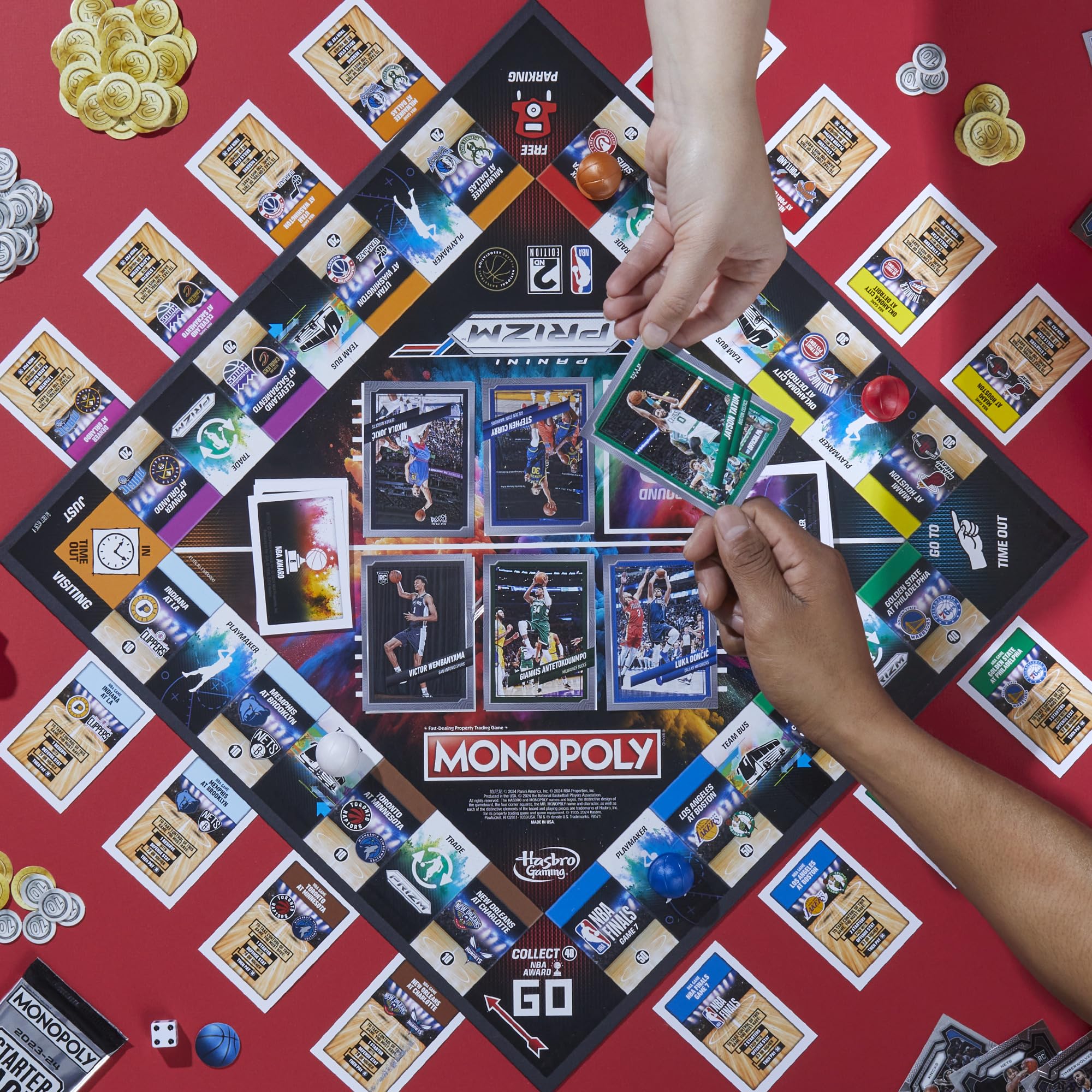 Monopoly Prizm NBA 2nd Edition Panini cards back with stats and ratings.