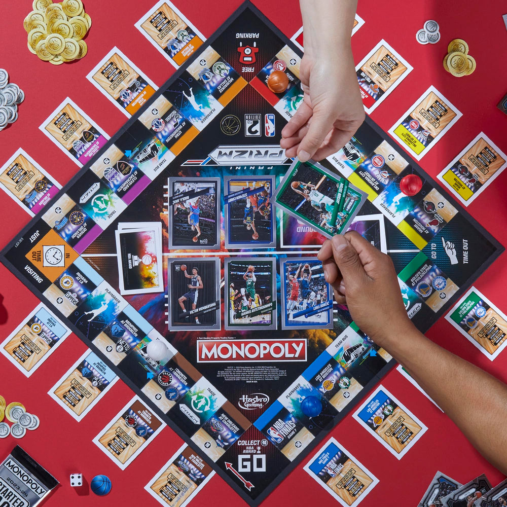Monopoly Prizm NBA 2nd Edition Panini cards back with stats and ratings.
