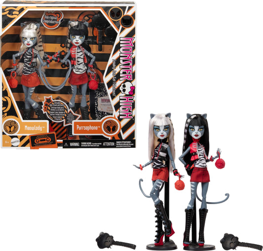 Monster High Boo-original Meowlody and Purrsephone duo in coordinated outfits for display.