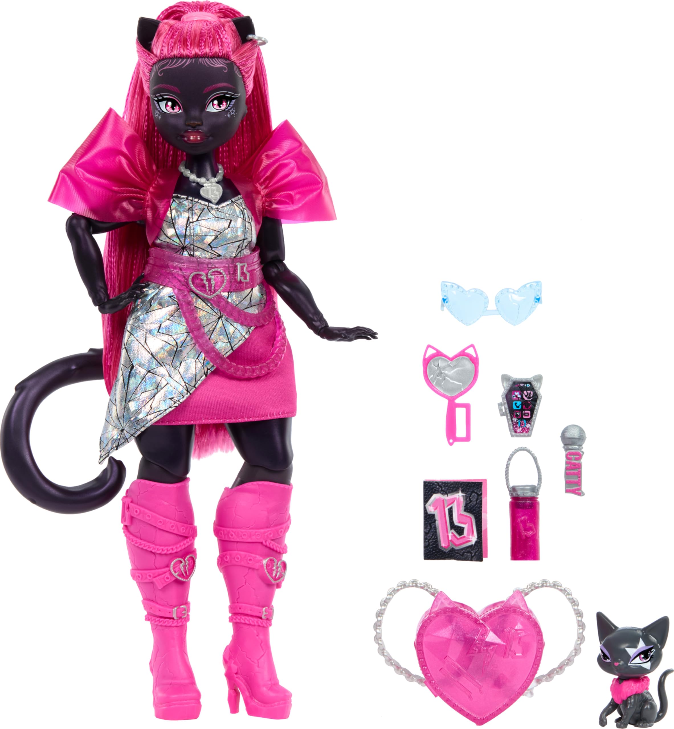 Monster High Catty Noir doll with cracked-mirror lucky charm