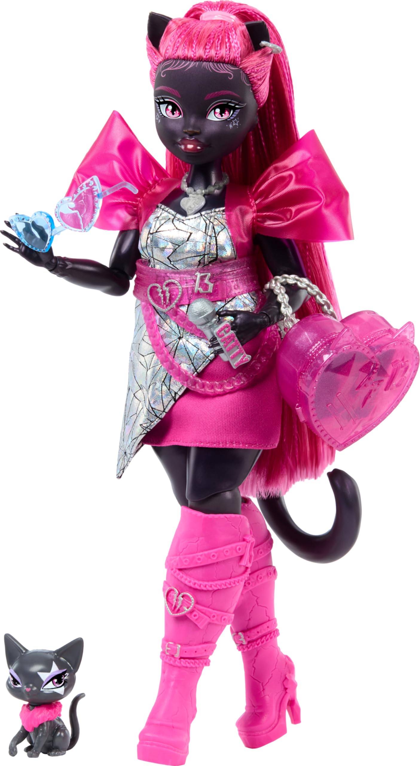 Monster High Catty Noir doll front view with stage-ready outfit for imaginative play