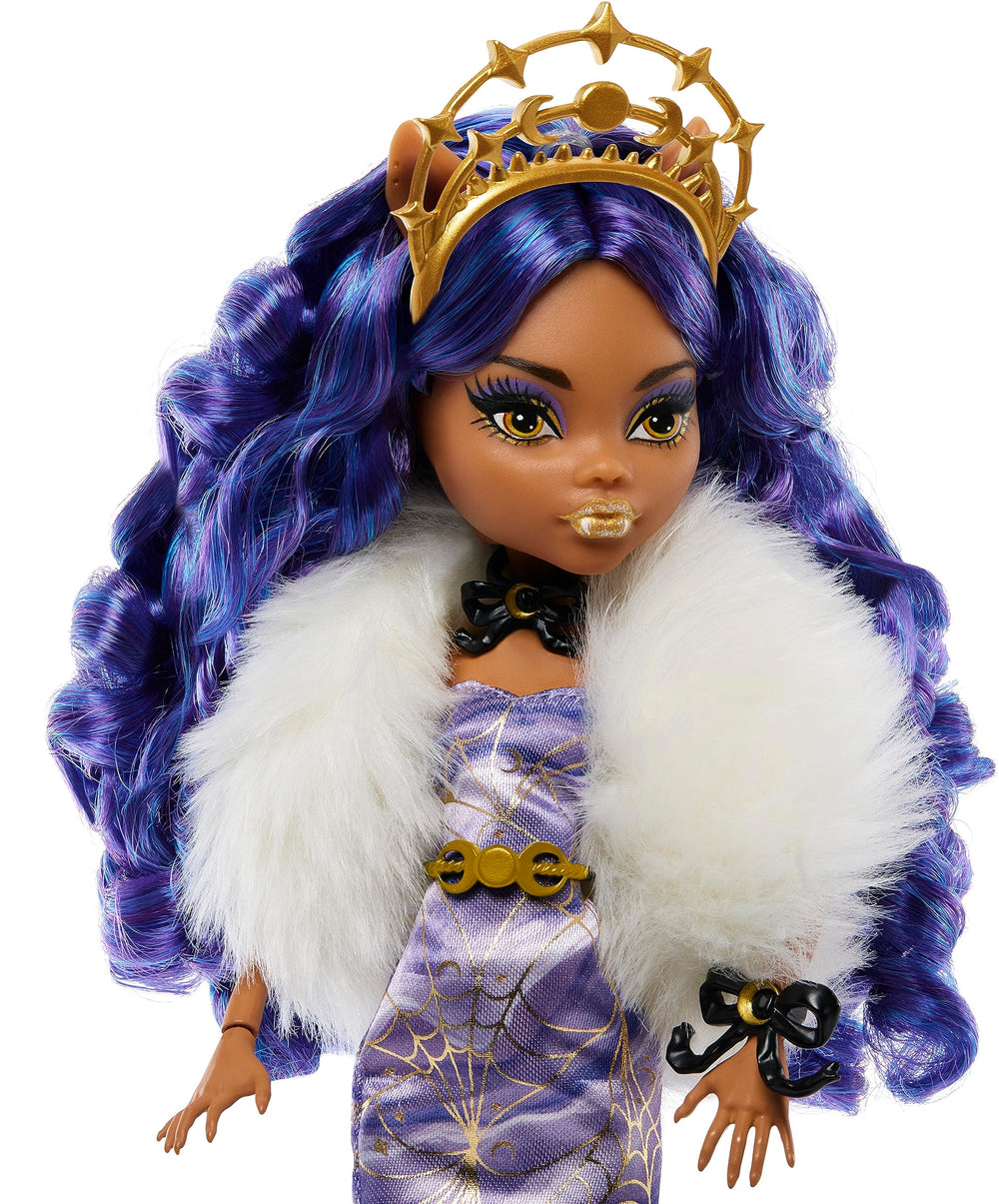 Monster High Clawdeen Wolf with faux fur boa, adding cozy winter texture.