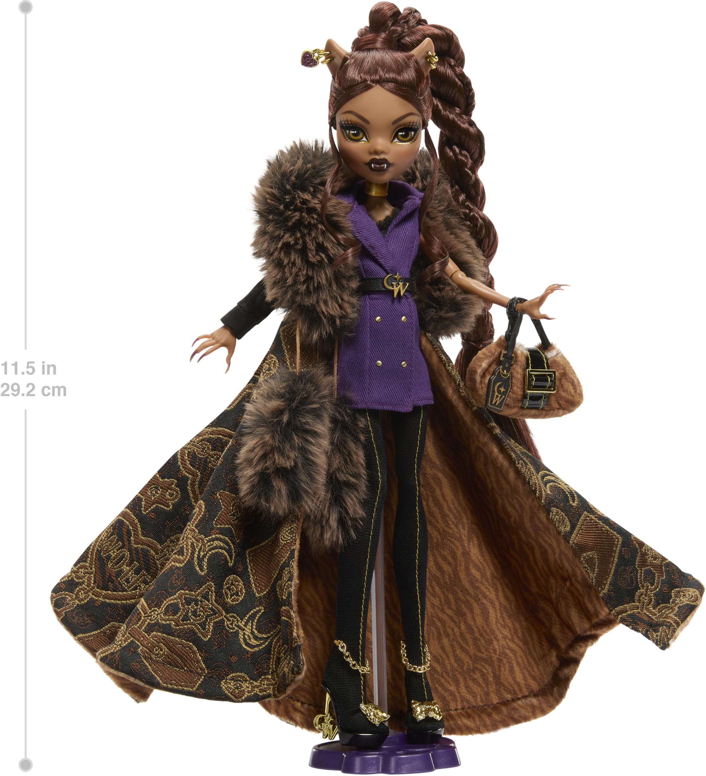 Monster High Clawdeen Wolf in purple blazer dress adds chic Scaris-week style.
