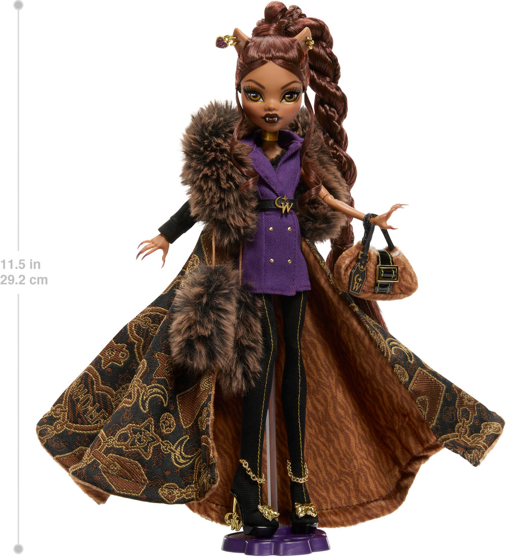 Monster High Clawdeen Wolf in purple blazer dress adds chic Scaris-week style.