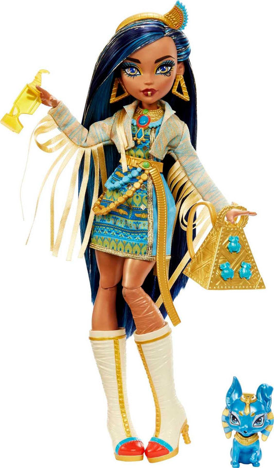 Monster High Cleo De Nile in blue dress with backpack, perfect for imaginative play and storytelling.