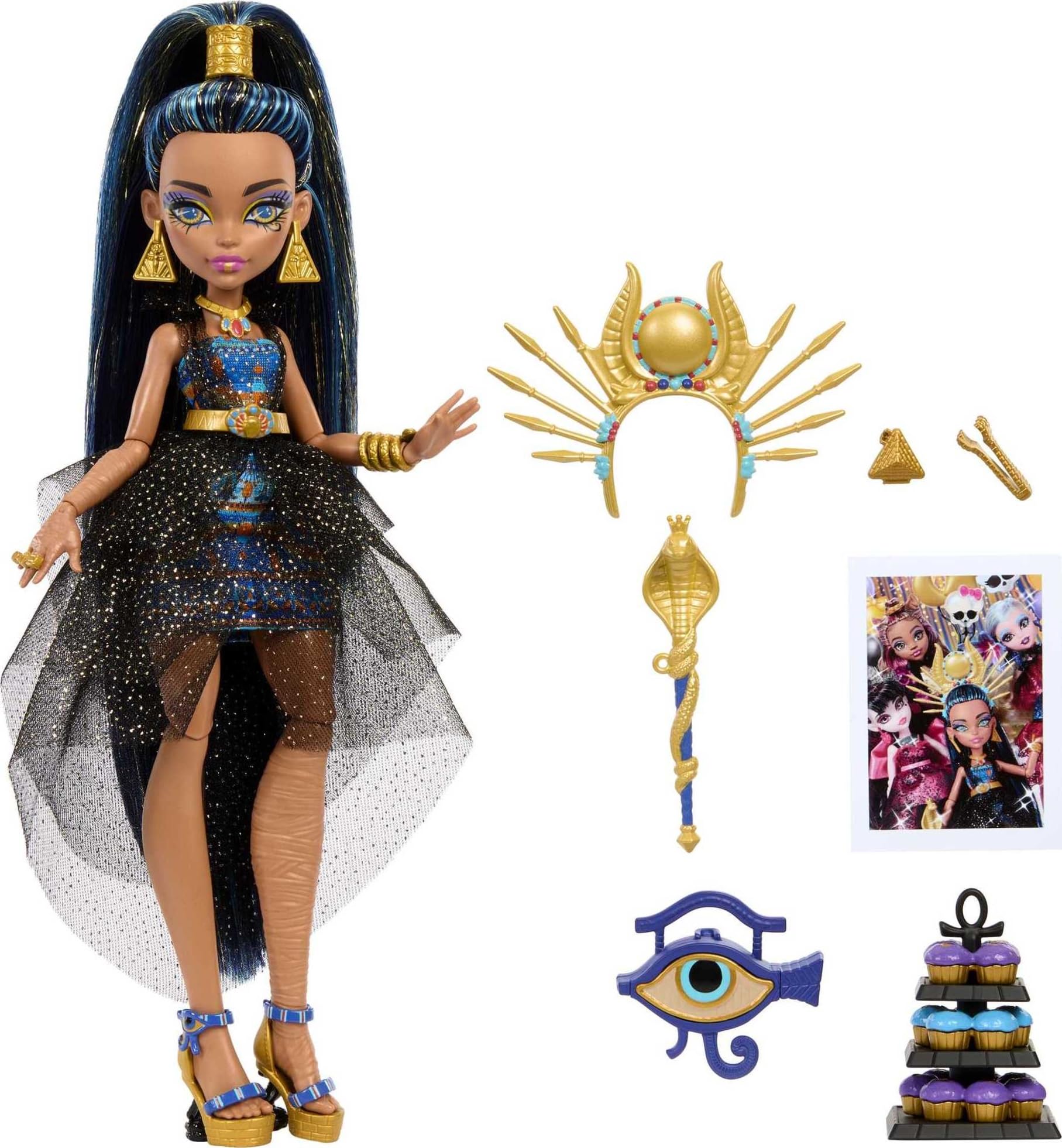 Monster High Cleo De Nile doll in party dress ready for imaginative play.
