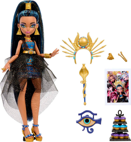 Monster High Cleo De Nile doll in party dress ready for imaginative play.