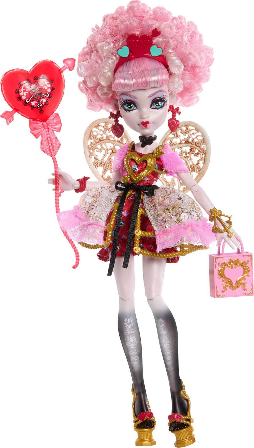 Monster High Cupid Asteria in pink dress with bone wings, ideal for imaginative birthday play.