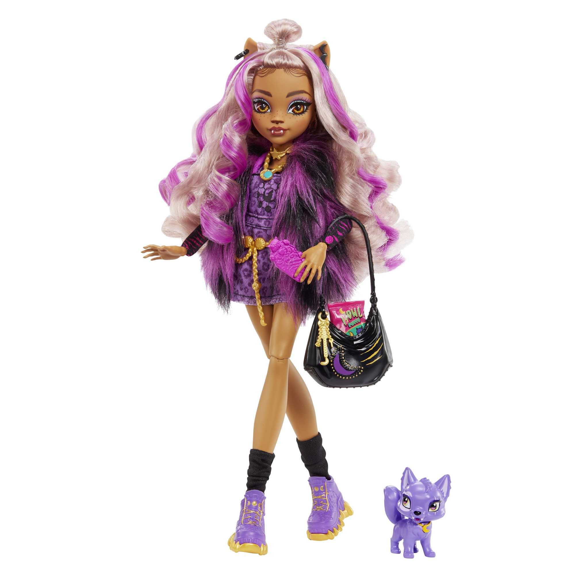 Monster High Clawdeen Wolf with purple streaked hair ready for imaginative fashion play