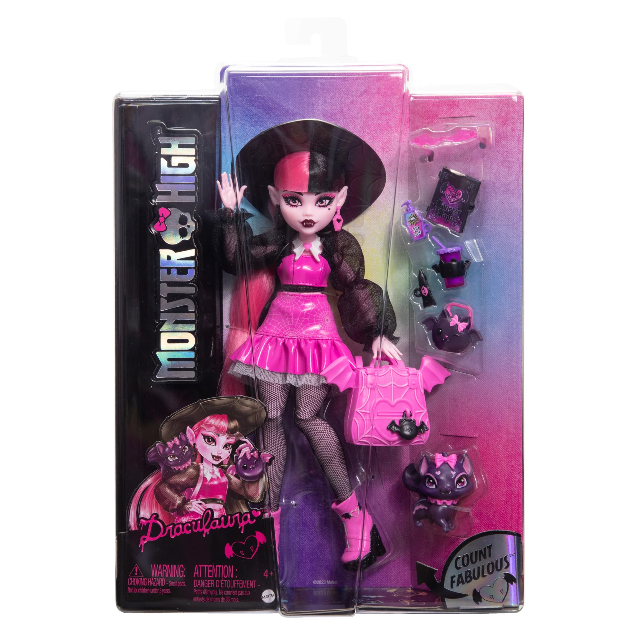 Monster High Draculaura doll sunglasses and SPF bottle enable chic pretend routines.
