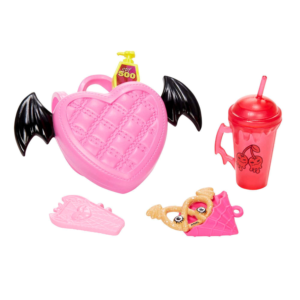 Monster High Draculaura sheer sleeves, stockings, and pink platforms enable dramatic poses.