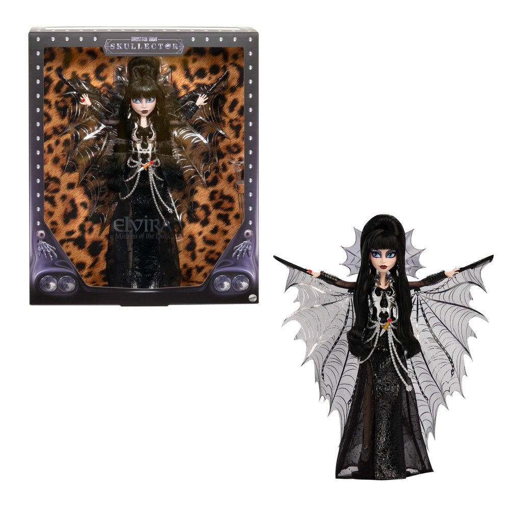 Monster High Elvira doll in black faux leather dress for dramatic display.