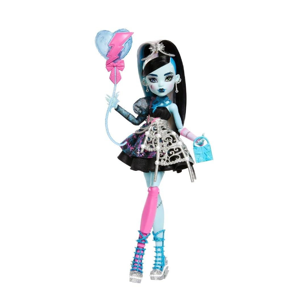 Monster High Frankie Stein in a black party dress, ideal for imaginative spooky play.