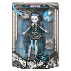 Monster High Frankie Stein with blue highlights adds cinematic flair.