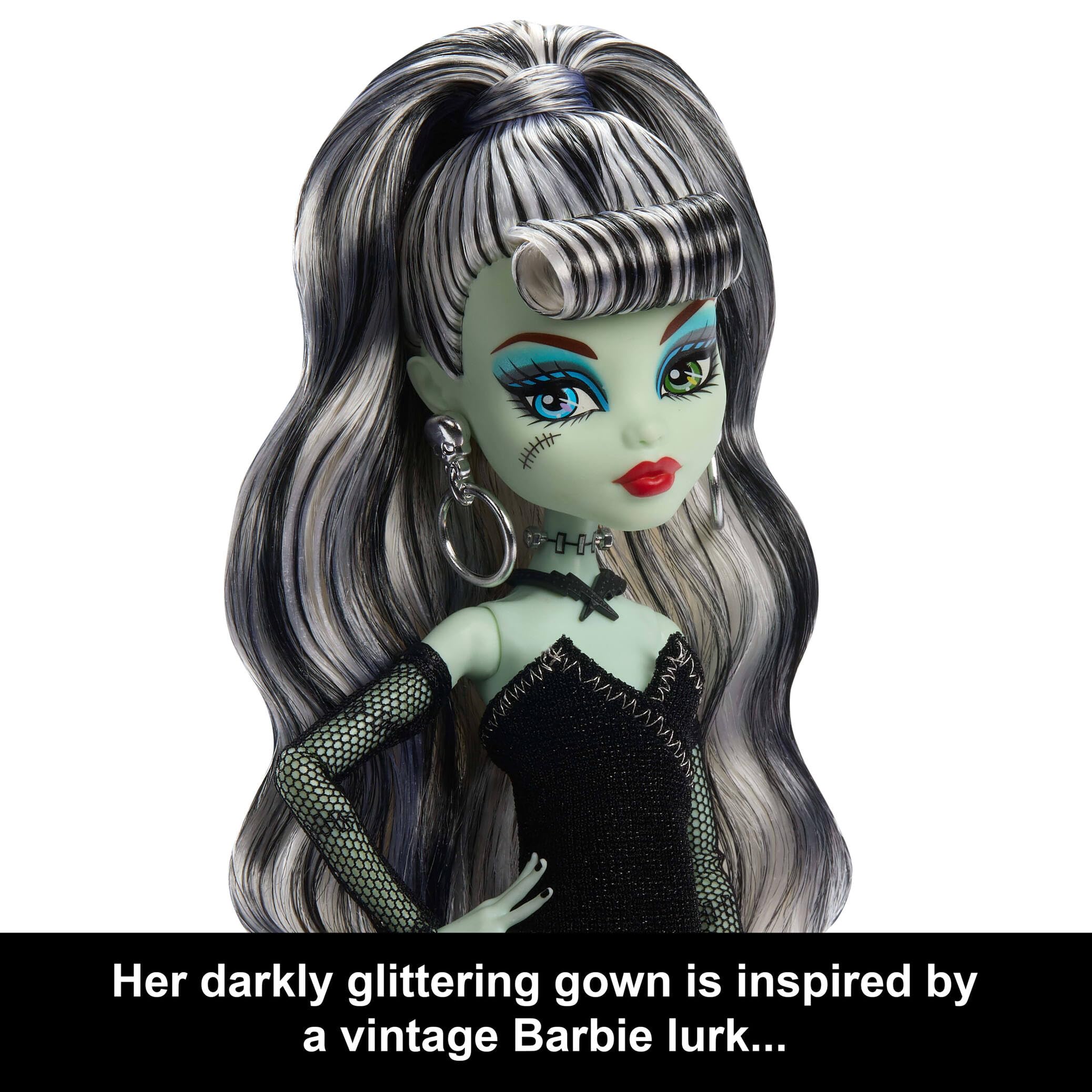 Cat-eye sunglasses on Monster High Frankie Stein for vintage Barbie homage.