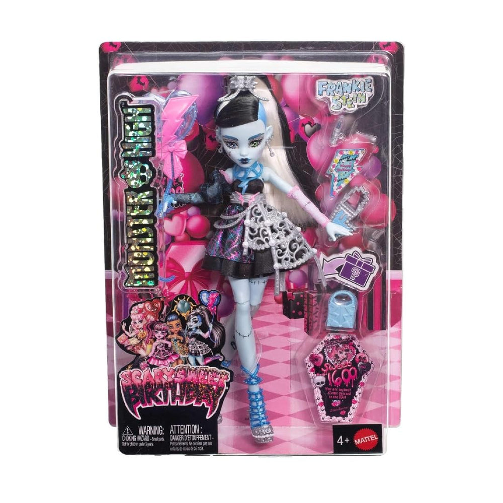 Monster High Frankie Stein handbag and blue lipstick, adds flair to birthday styling.