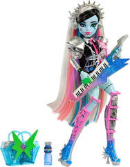 Monster High Frankie Stein with a keytar instrument for rock-inspired storytelling.