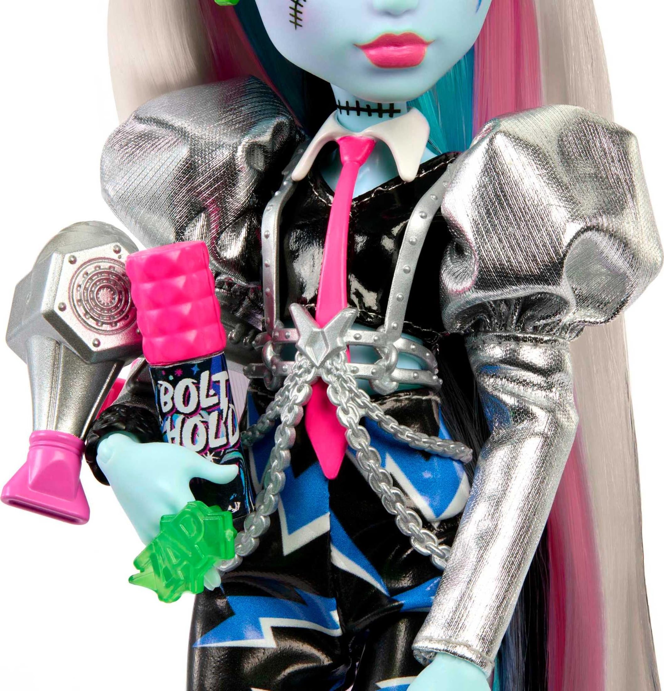 Monster High Frankie Stein features peep-toe boots with stylish zipper details.
