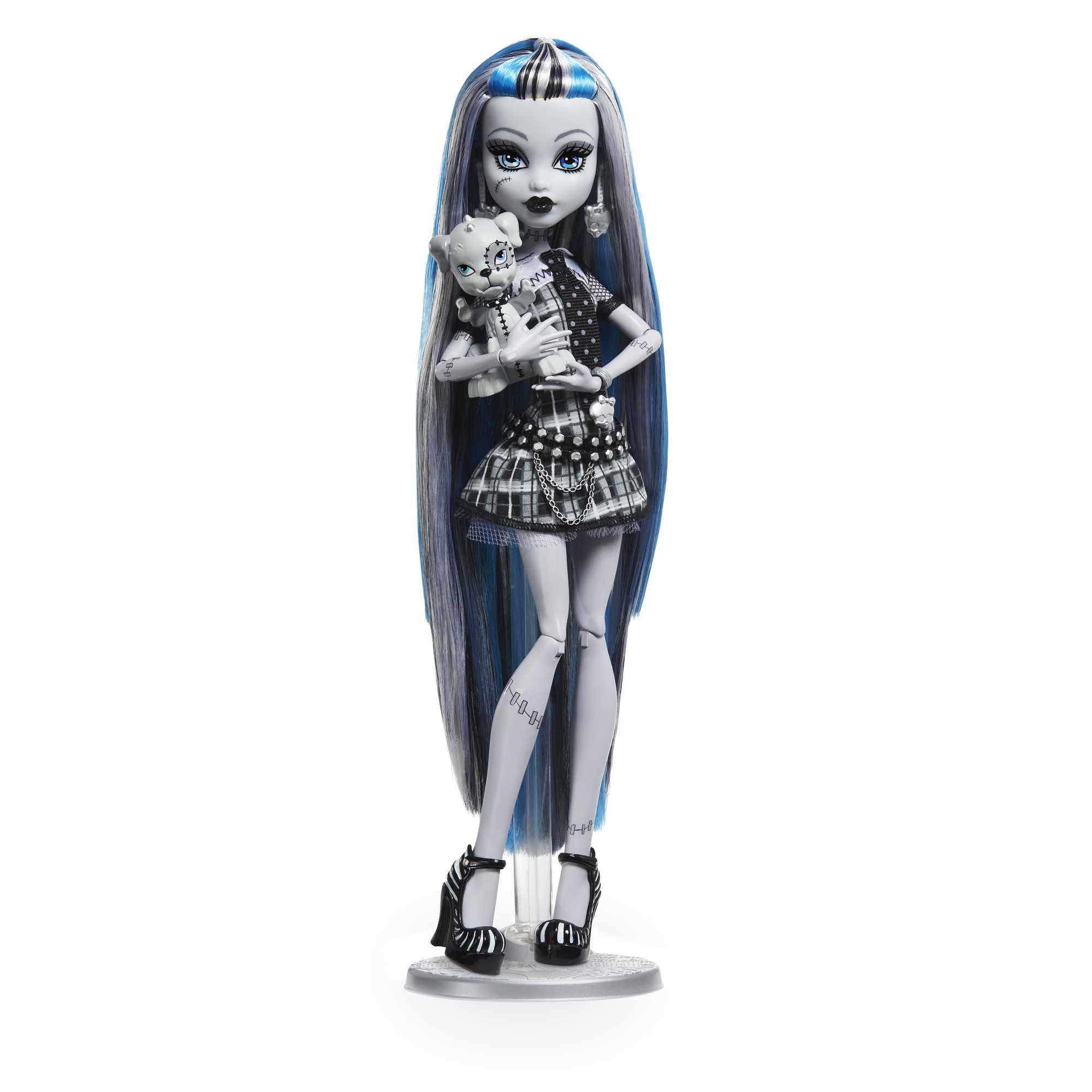 Monster High Frankie Stein Reel Drama doll in black and white ready for display.