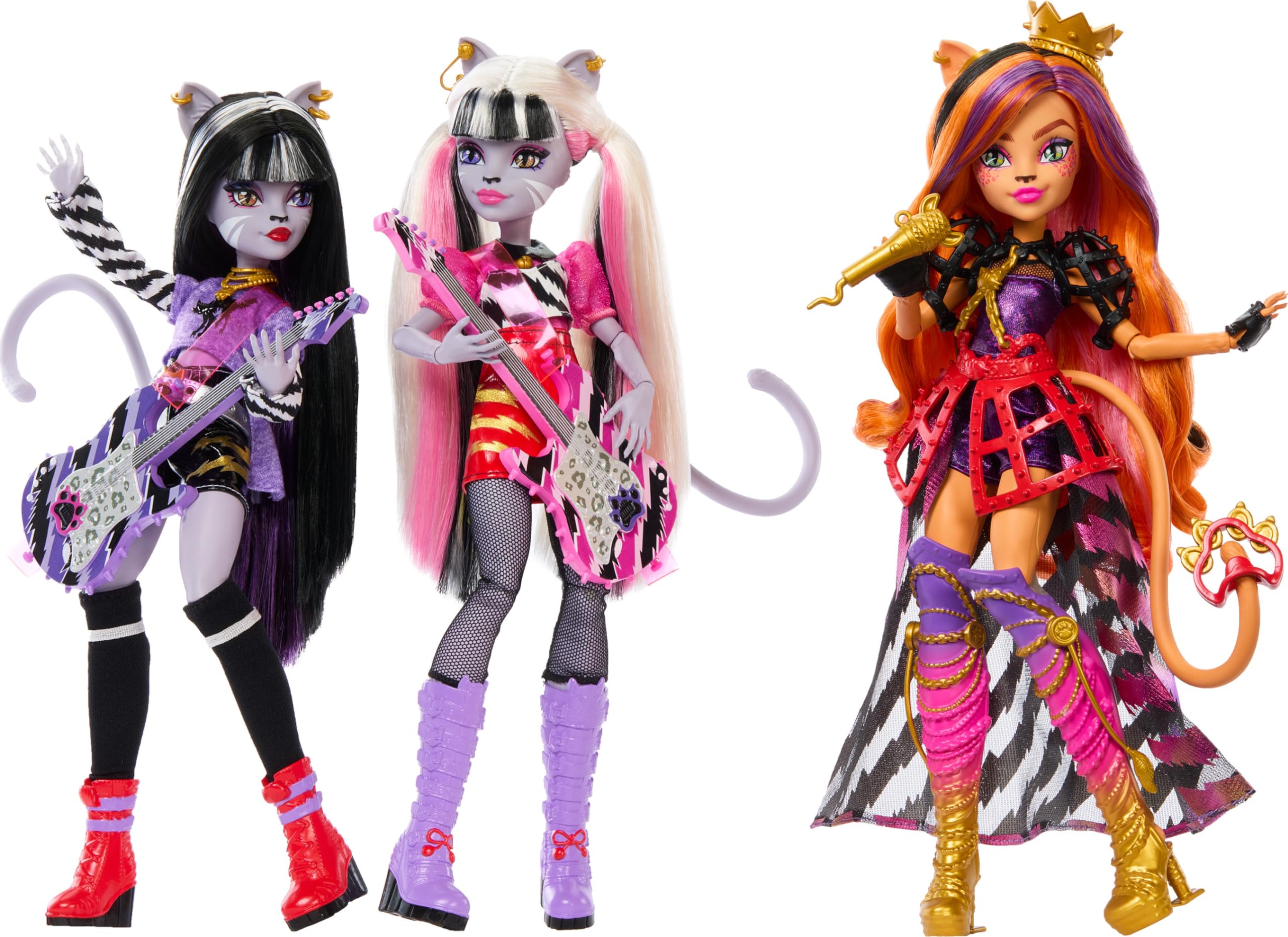 Monster High Hissfits Toralei Stripe doll in purple romper for backstage play