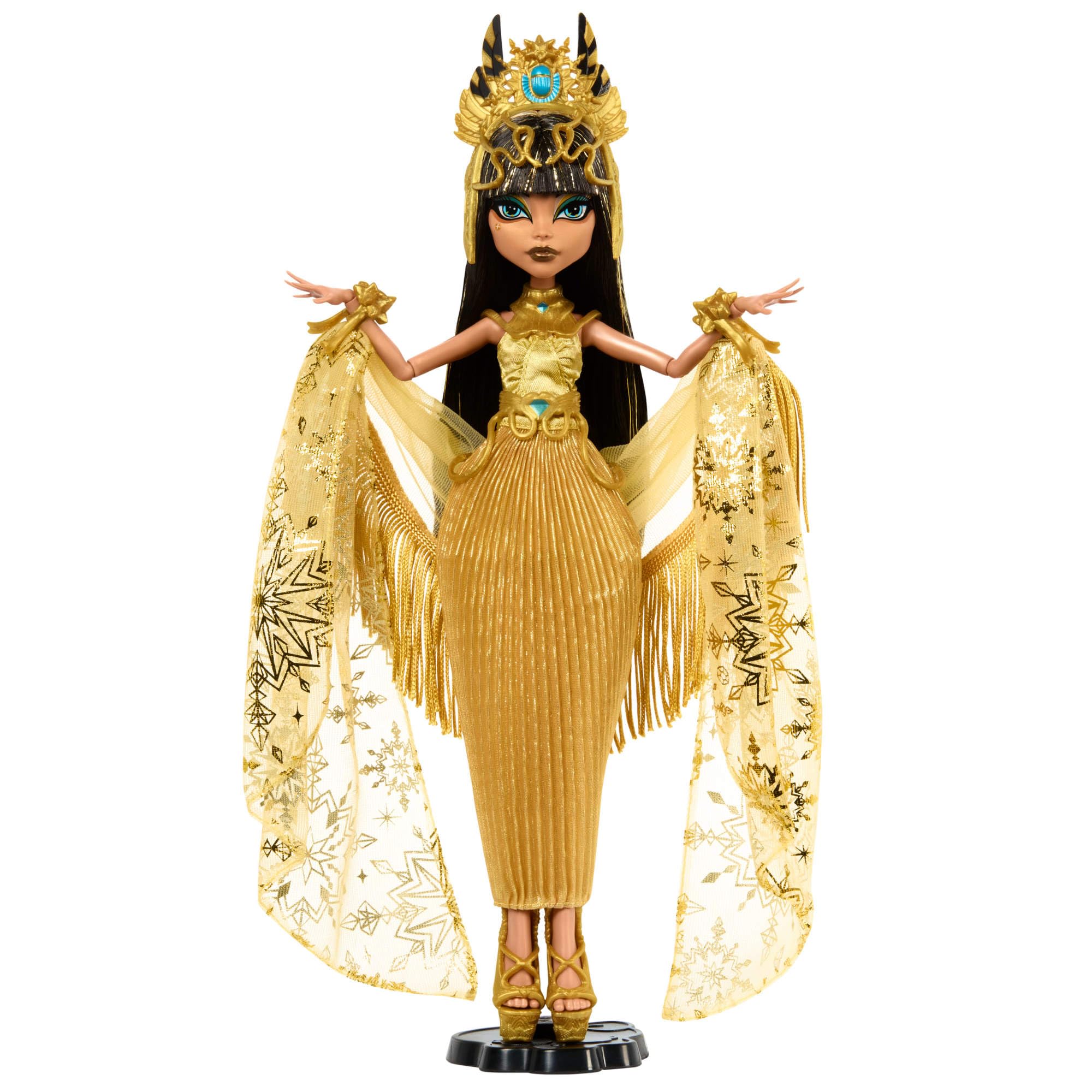 Monster High Cleo De Nile Howliday in golden gown for elegant display.