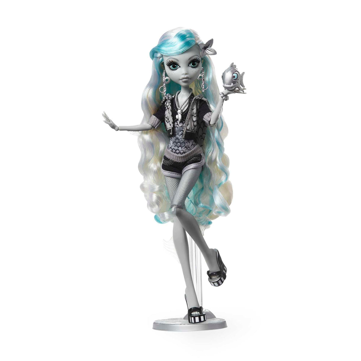 Monster High Lagoona Blue Reel Drama doll in black-and-white style for display and play.