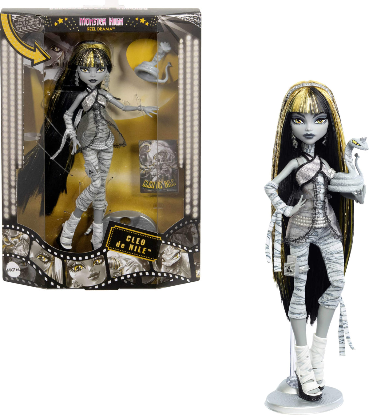Monster High Reel Drama Cleo De Nile doll with Hissette, display-ready collectible.