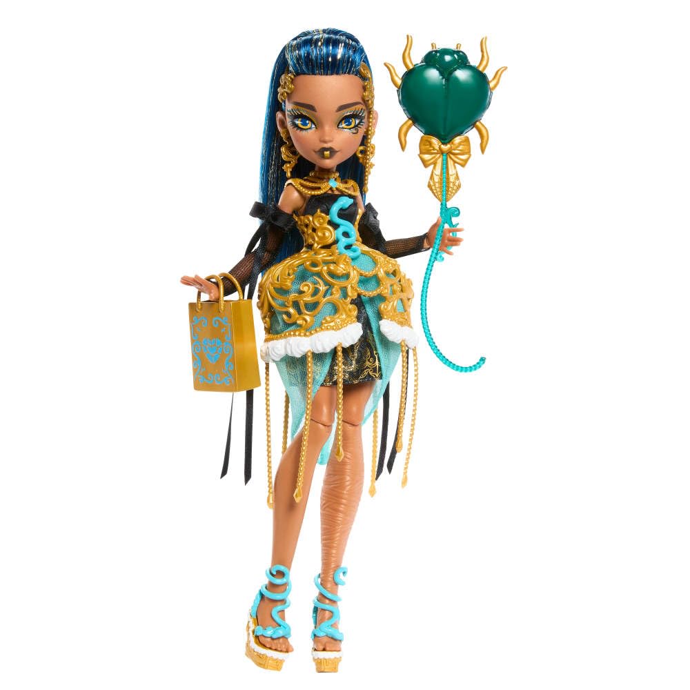 Monster High Cleo De Nile in golden party dress, ideal for display and play