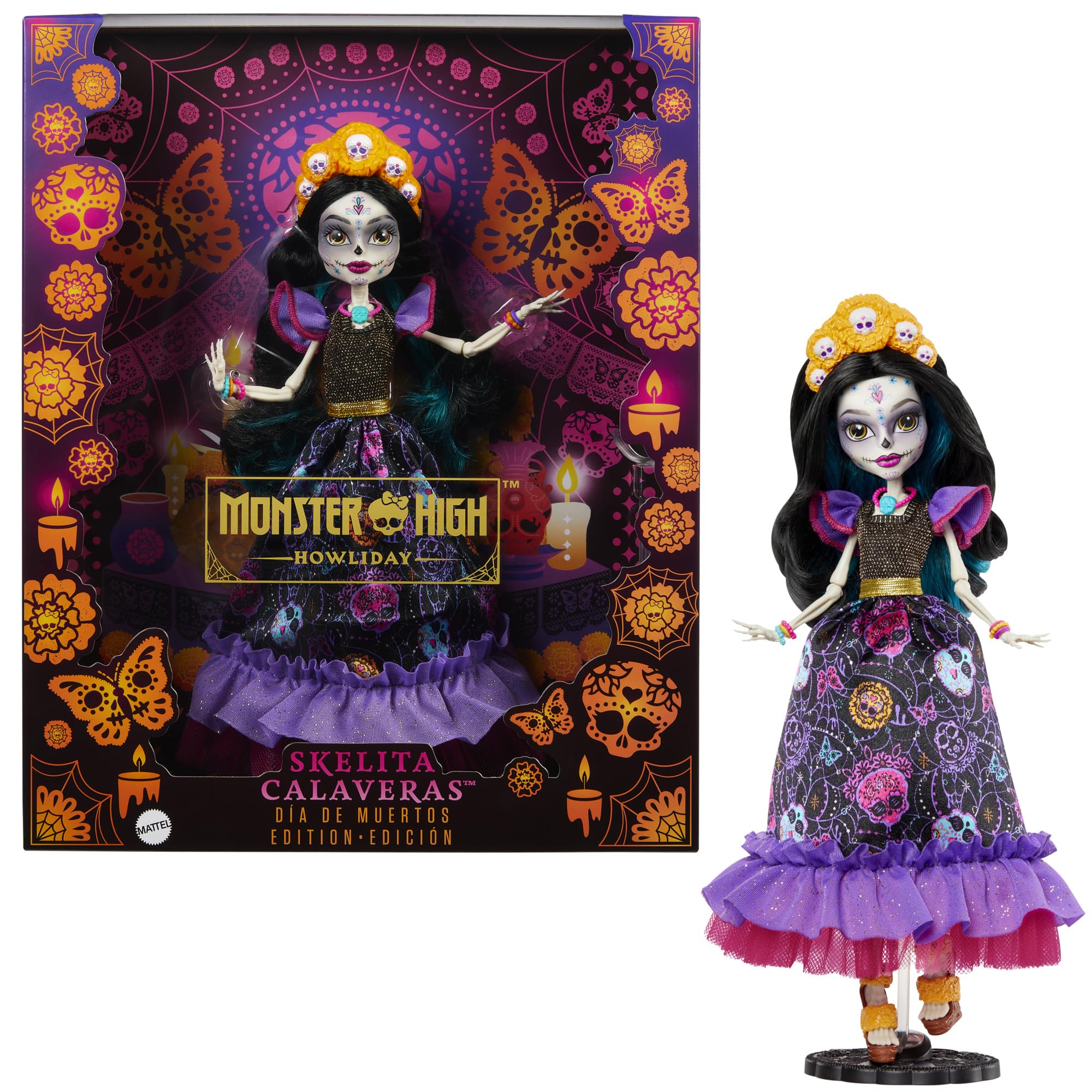 Monster High Skelita doll in Día de Muertos pose, ideal for display and collection.