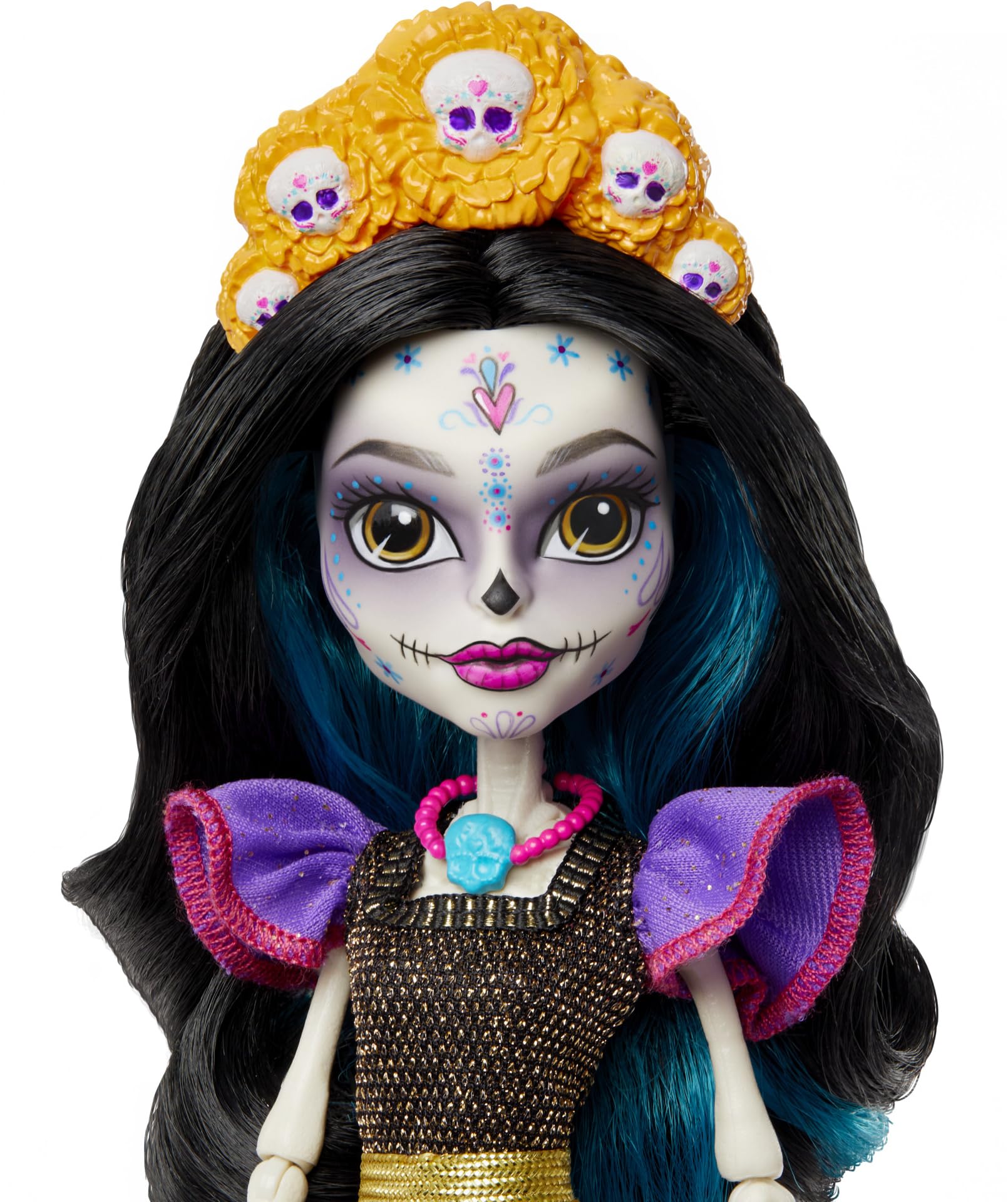 Monster High Skelita dress close-up shows marigold details and glittering accents.