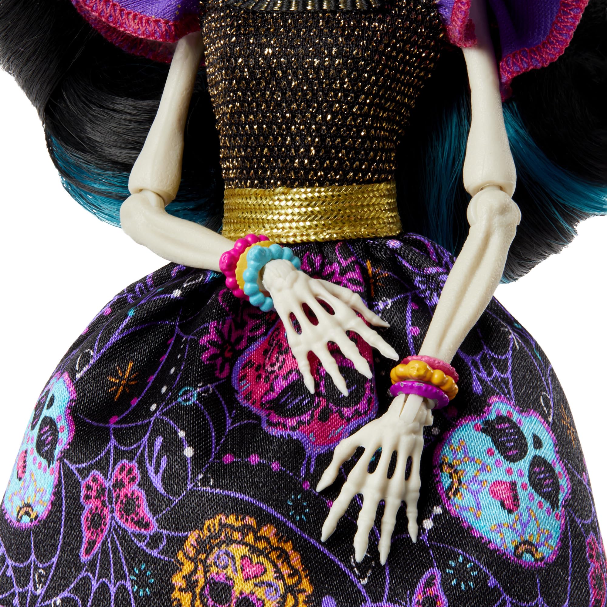 Monster High Skelita Calaveras dress shimmer under candlelight with monarch butterfly and sugar skull print.